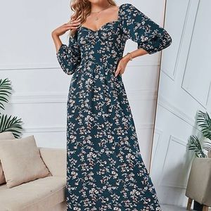 DARK GREEN FLORAL RUCHED MIDI DRESS 💚